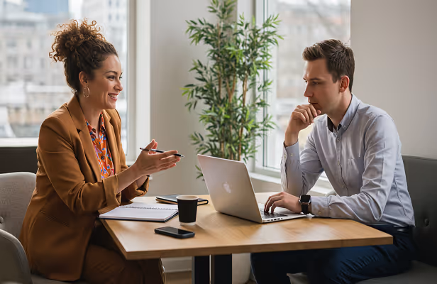 Two people sitting on a desk and talking